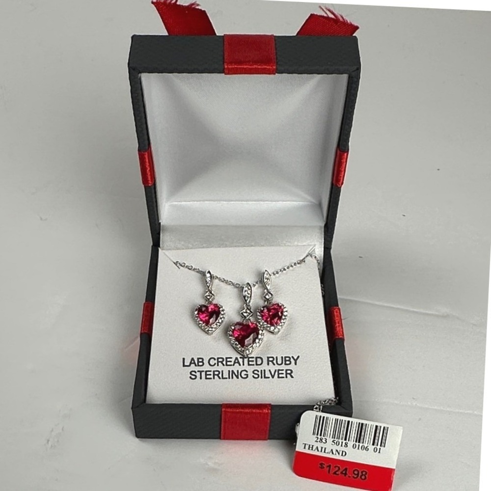 Sterling Silver Lab Ruby Heart Necklace Earrings Set July Birthstone NIB Regal - Picture 6 of 8